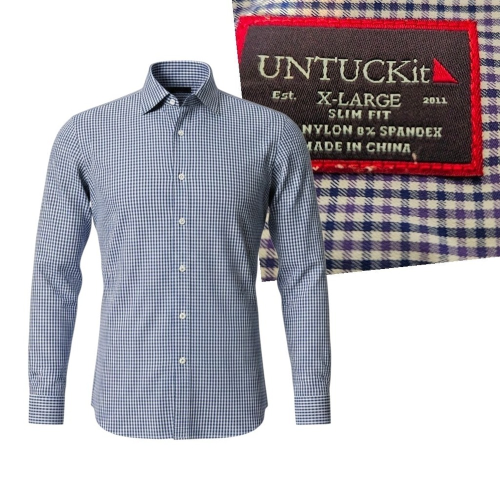 UNTUCKit Mens XL Slim Fit NYLON Stretch Gingham Button Down Shirt Navy White